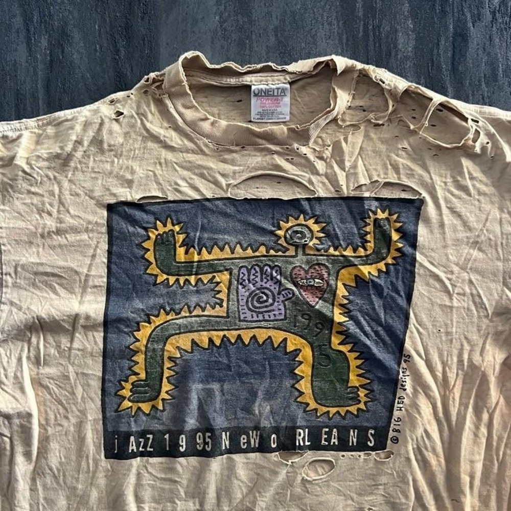 Vintage New‎ Orleans Jazz Shirt Mens XL Beige 1990s Art Distressed